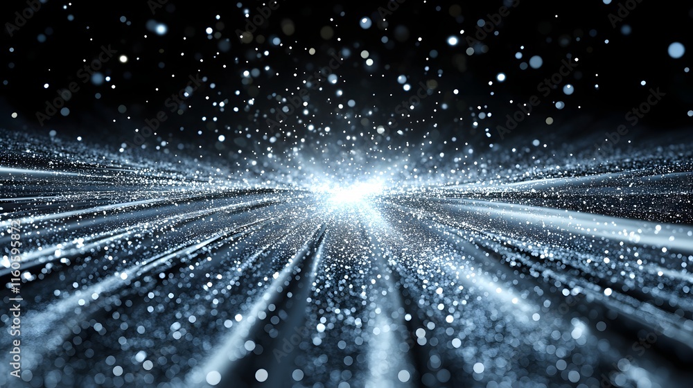 Poster Dynamic Abstract Image of Light Rays and Particles with a Glowing Center Creating a Sense of Depth and Energy in a Cosmic Environment