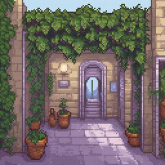Fototapeta premium Pixel art image courtyard stone archway potted plants sign