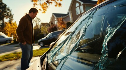 Car with a broken window in a suburban neighborhood. Featuring a concerned owner