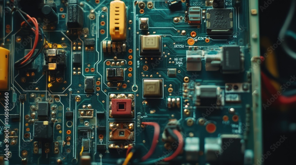 Poster Close-up of an electrical board with complex wiring and switches, part of automation systems controlling industrial processes.