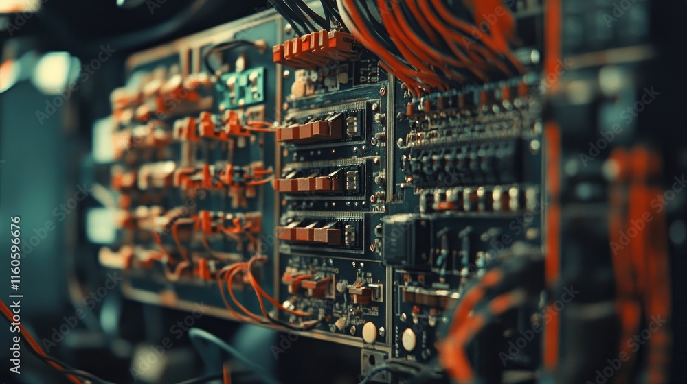 Poster Close-up of an electrical board with complex wiring and switches, part of automation systems controlling industrial processes.
