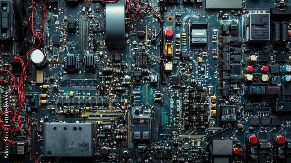 Poster Close-up of an electrical board with complex wiring and switches, part of automation systems controlling industrial processes.