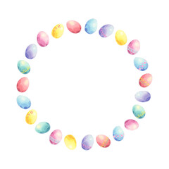 Watercolor easter wreath of colored eggs isolated on white background. Hand drawn minimalistic composition in circle shape. Perfect for invitations and greeting cards