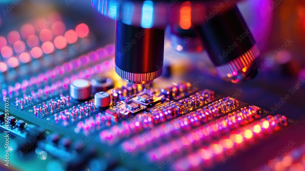 Poster Close-up shot of a microchip transistor being tested under a microscope, showcasing the precision required in manufacturing automation.