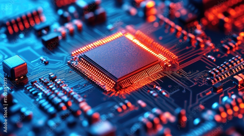 Poster close-up shot of a microchip transistor being tested under a microscope, showcasing the precision re