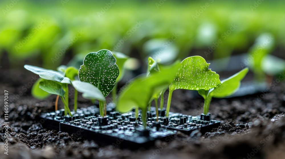 Poster Close-up shot of microelectronic sensors in use in smart agriculture, highlighting their role in precision farming and crop monitoring.