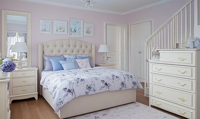 Elegant girl's bedroom with pastel walls, upholstered bed, and white dresser.