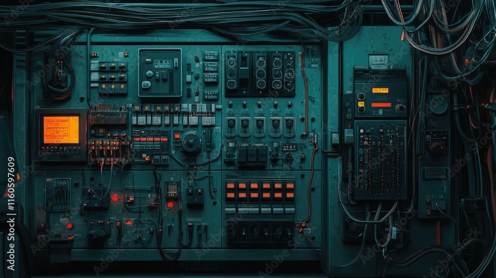 Poster concept of enterprise automation with a switchboard, featuring electrical wires and switches for sea