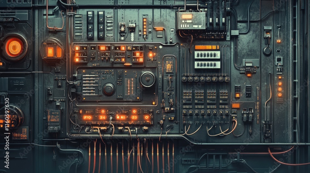 Poster Concept of enterprise automation with a switchboard, featuring electrical wires and switches for seamless production control.