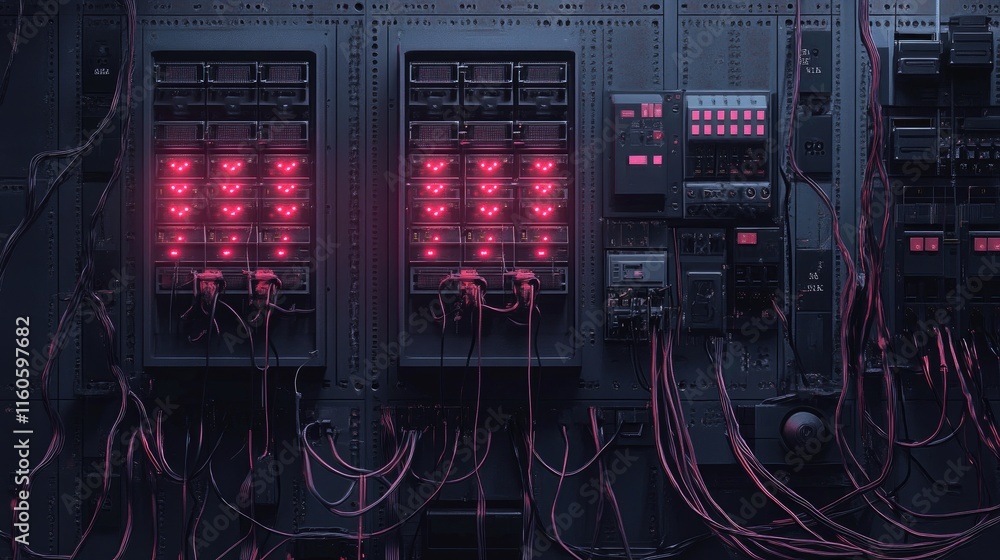 Poster Concept of enterprise automation with a switchboard, featuring electrical wires and switches for seamless production control.
