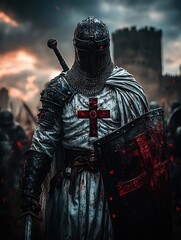 Medieval Knights Templar warrior standing in a heroic pose
