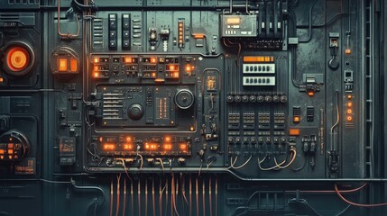 Fototapeta premium Concept of enterprise automation with a switchboard, featuring electrical wires and switches for seamless production control.