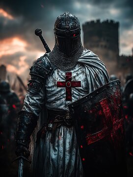 Medieval Knights Templar warrior standing in a heroic pose