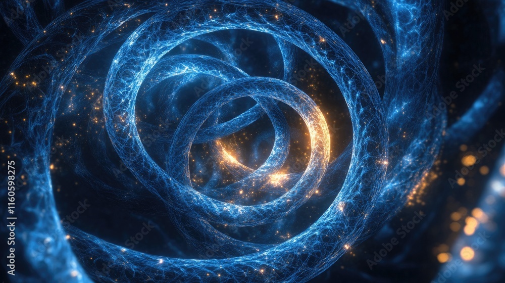 Poster conceptual visualization of swirling blue dna helixes in circles, showing the molecular complexity o