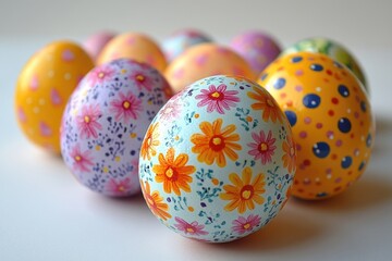 A collection of decorative eggs arranged on a table, perfect for Easter or spring-themed photoshoots