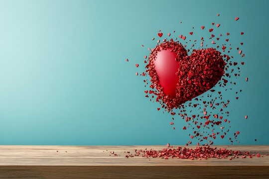Exploding red heart on wood, teal background.