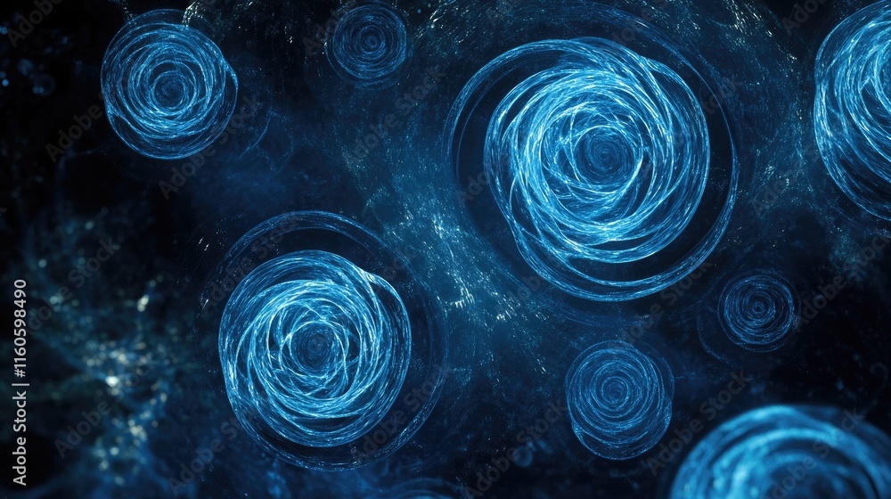Poster conceptual visualization of swirling blue dna helixes in circles, showing the molecular complexity o