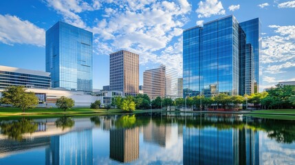 Contemporary business district with towering reflective office buildings, glass facades, and a serene blue sky.