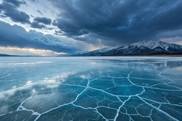 Frozen Elegance: Hyperrealistic 8K View of a Vast Lake Under a Dramatic Sky, Snow-Covered Mountains, and Glowing Ice Cracks