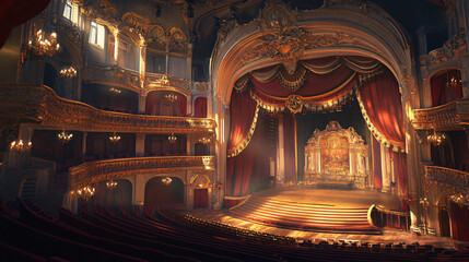 A grand theater showcasing ornate architecture and vibrant cultural events.