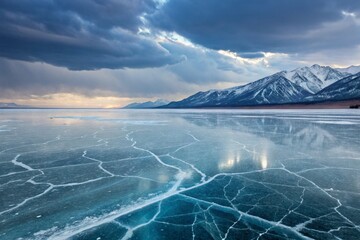 8K Hyperrealistic Landscape: Vast Frozen Lake Reflecting the Dramatic Partly Cloudy Sky, Distant Snow-Covered Mountains, and Subtle Blue Glow from Ice Cracks