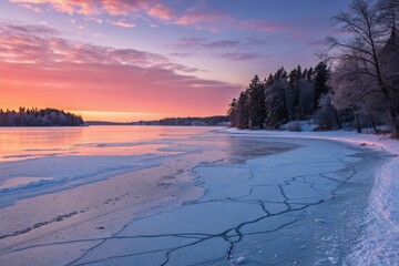 Breathtaking 8K Photorealistic Image of Frozen Lake at Twilight: Pink and Orange Hues Paint the Snowy Landscape, with a Subtle Blue Glow from Ice Cracks Reflecting the Vibrant Sky.