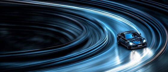 Fast sports car speeding on a circular track, motion blur effect.