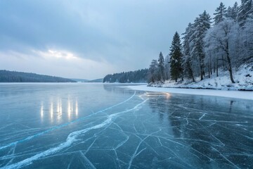 A serene winter marvel: Ice skaters on a photorealistic frozen lake reflecting a soft, overcast sky with ethereal blue light emanating from the ice. Perfect blend of nature and hyperreal art.