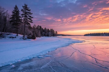 Frozen Twilight: Reflective Lake Under the Last Sun Rays in Pink and Orange Hues with a Subtle Blue Glow