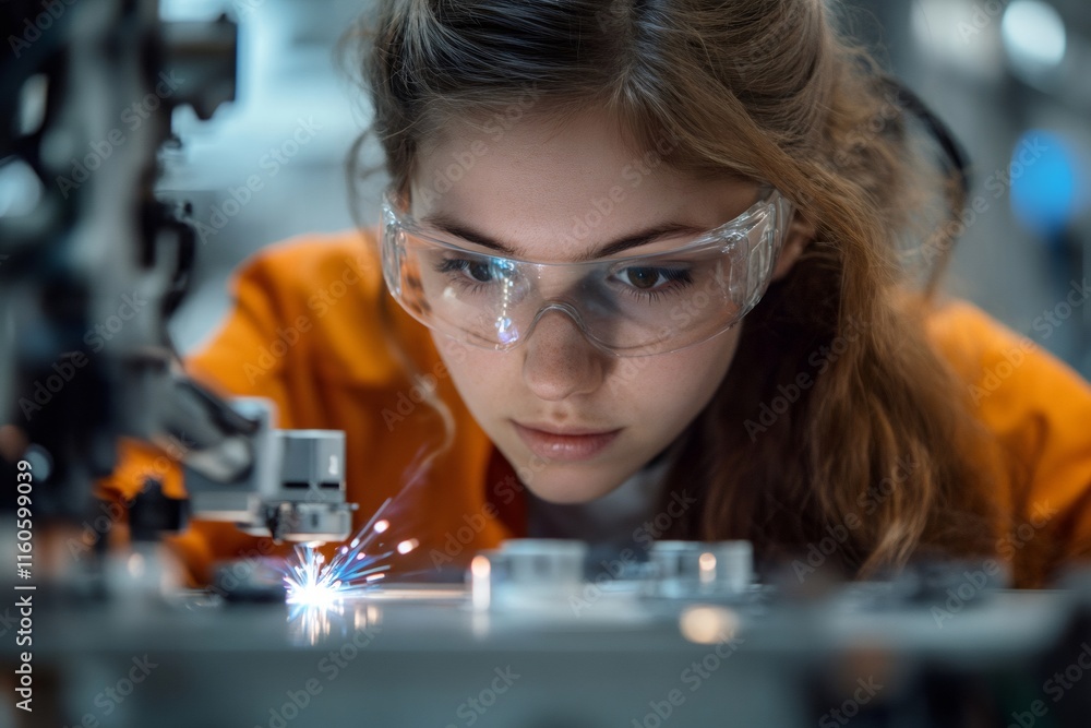 Aufkleber focused female engineer working with robotic arm and laser welding machine in modern factory