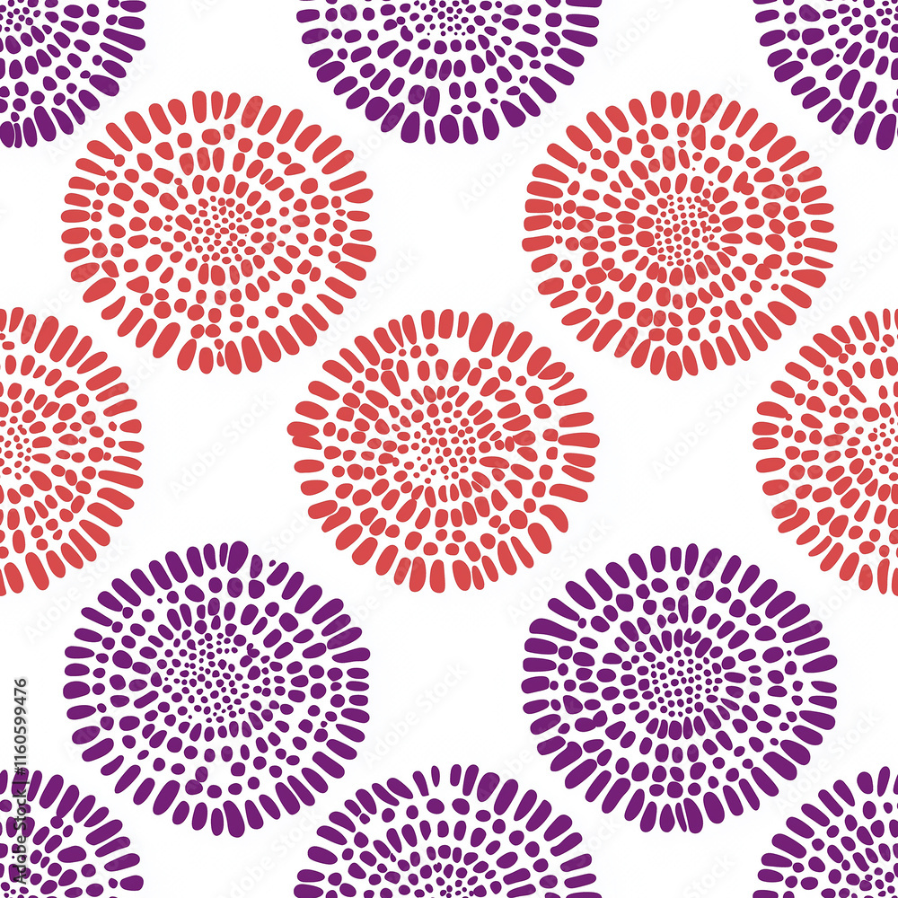 Poster colorful circular pattern with red and purple dots on a white background, creating a vibrant and art