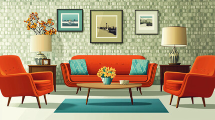 A nostalgic illustration with a focus on bold graphic shapes and muted retro colors, evoking memories of the past.