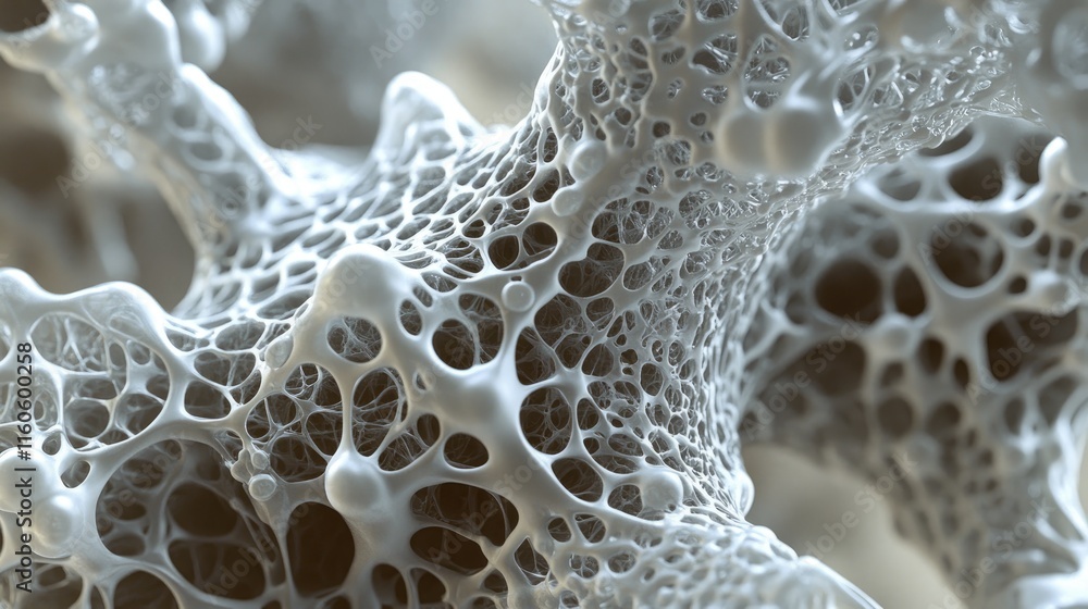 Poster Detailed 3D rendering of a human cell under a microscope, showing cellular structures, ideal for research on stem cells, genetics, and medical science.