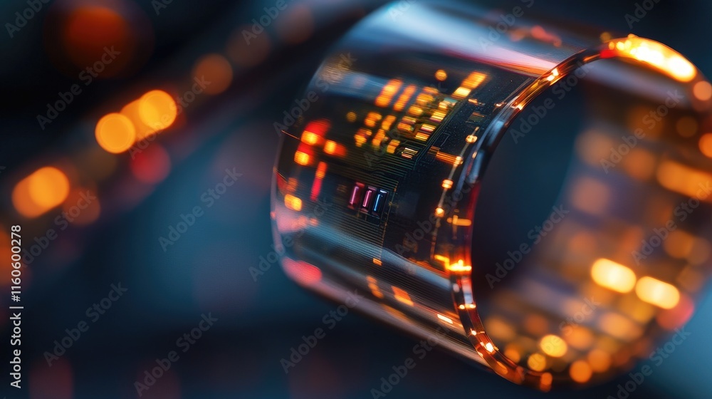 Poster Detailed close-up of a microchip embedded within a flexible wearable device, representing the cutting-edge of personal tech advancements.