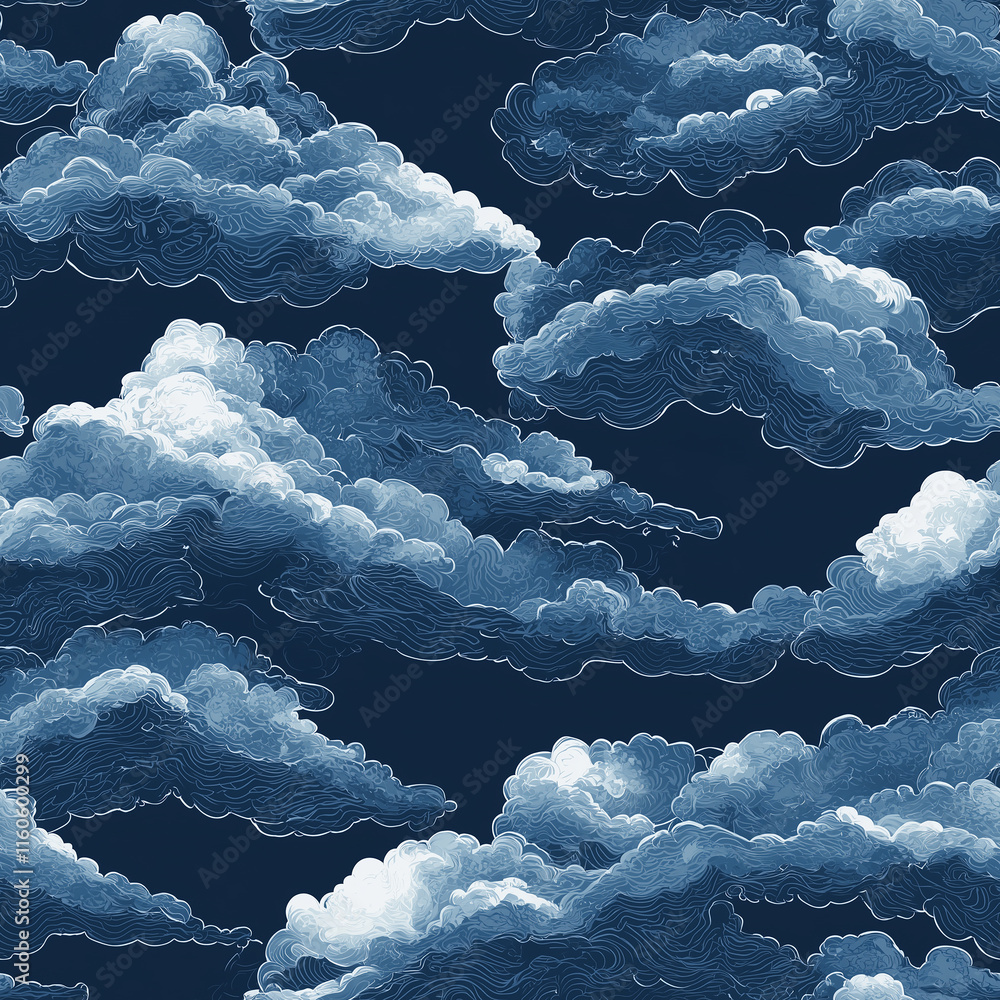 Poster a textured pattern of fluffy clouds set against a dark blue background, evoking a calming and serene