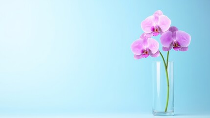 A serene arrangement of pink orchids in a clear vase against a blue background.