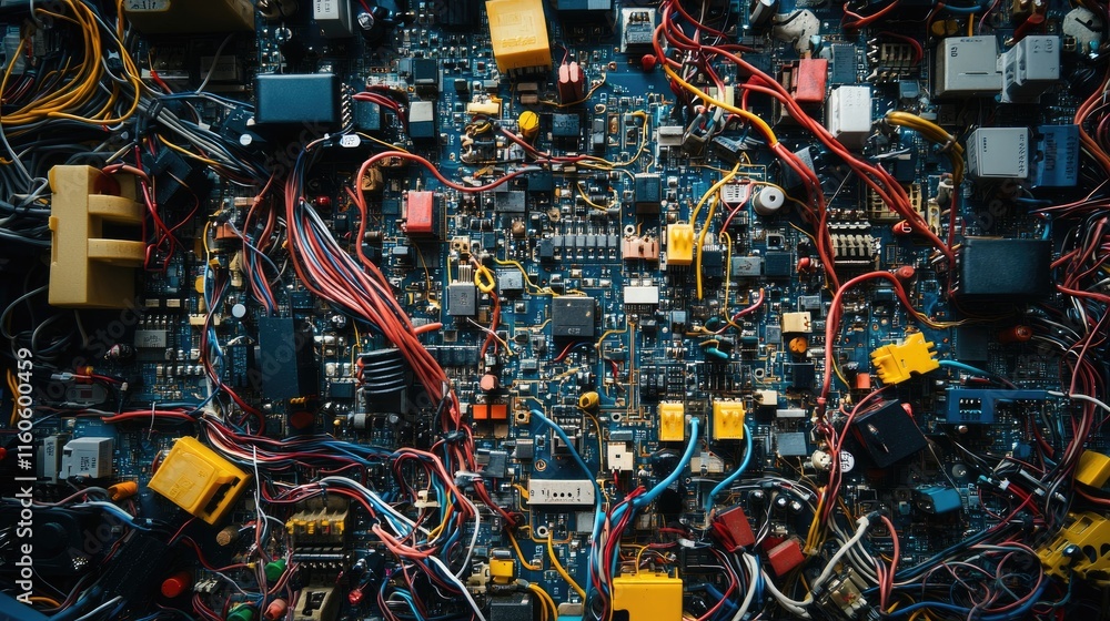 Aufkleber detailed image of an electrical control board with a network of wires, switches, and machine electro