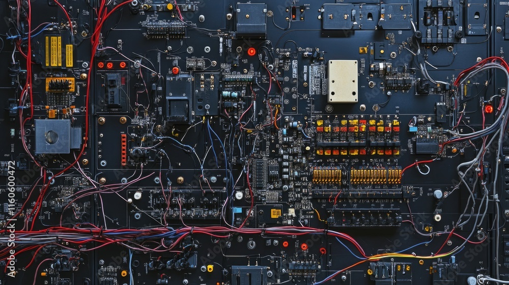 Fototapete detailed image of an electrical control board with a network of wires, switches, and machine electro