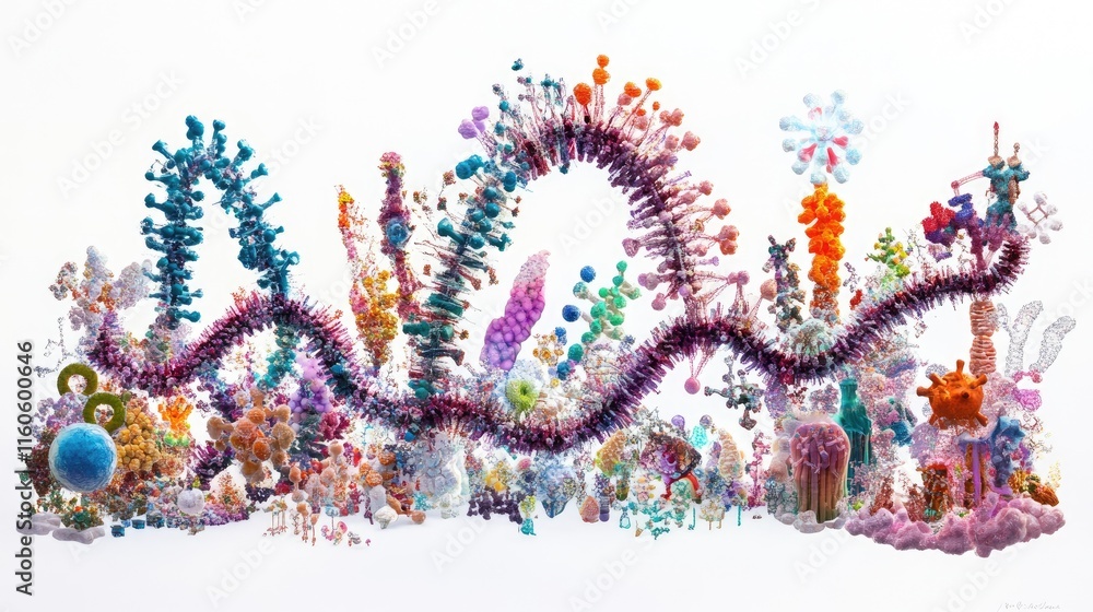 Poster detailed molecular representation of dna replication and transcription, showing the intricate intera