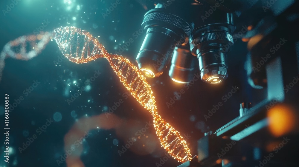 Poster detailed shot of a lab with a microscope focusing on a dna strand, representing cutting-edge genetic