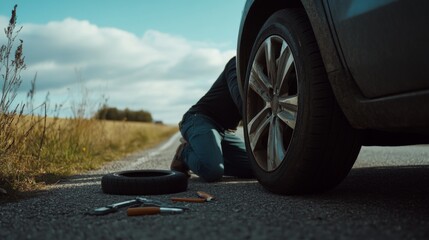 Car with a flat tire on a rural road. Featuring a driver changing the tire
