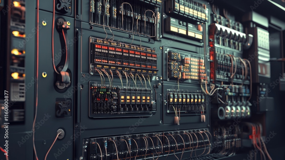 Poster detailed switchboard with wiring and switches, crucial for automating equipment and controlling ente