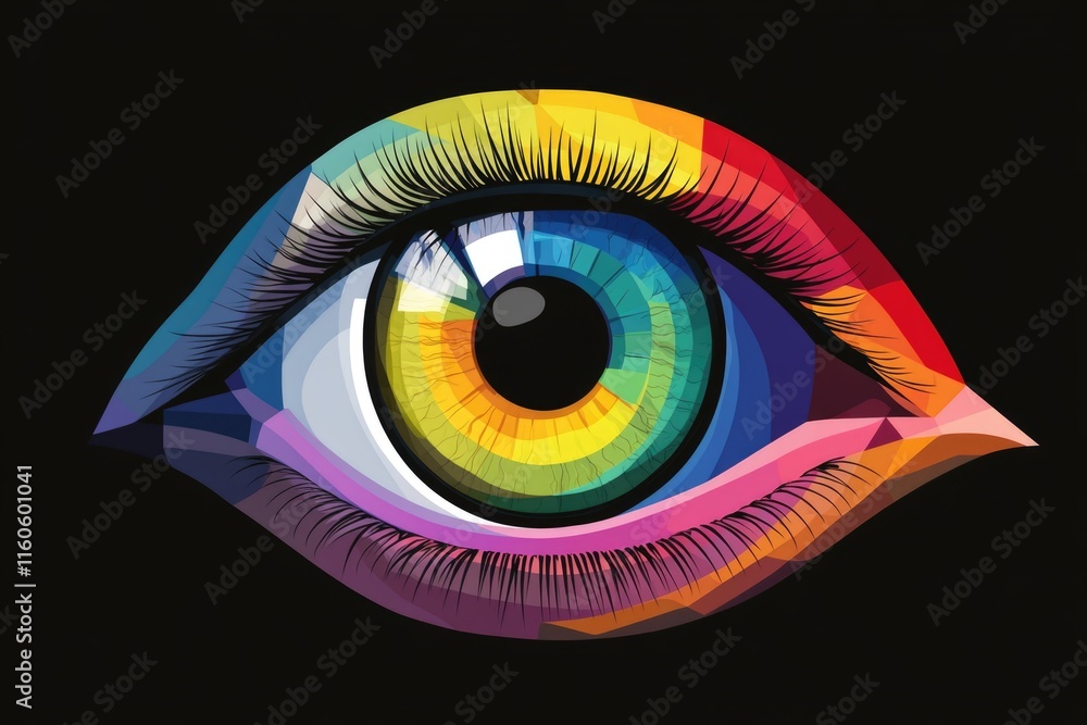 Poster close-up view of an eye with vibrant colors and a dark background, suitable for use in various desig