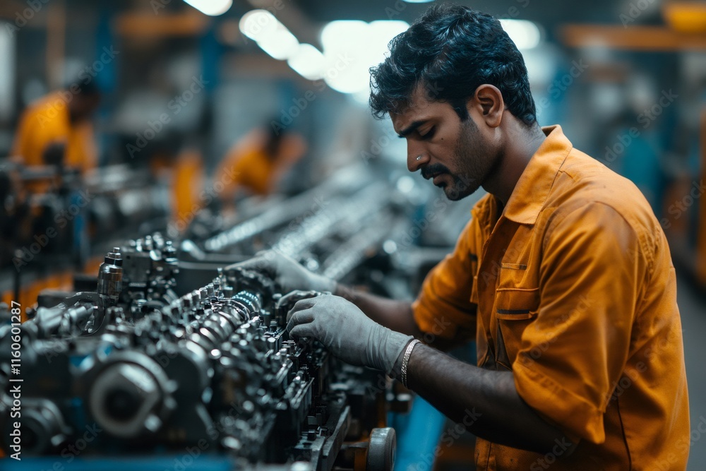 Poster mechanical engineer assembling car engine parts in a factory
