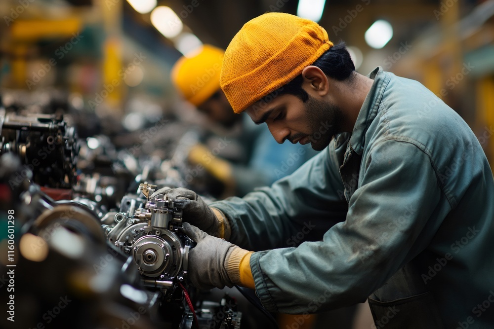 Poster mechanic assembling engine parts in factory