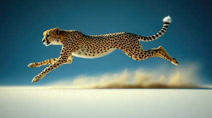 Fototapeta premium Cheetah running fast across sandy ground, kicking up dust.