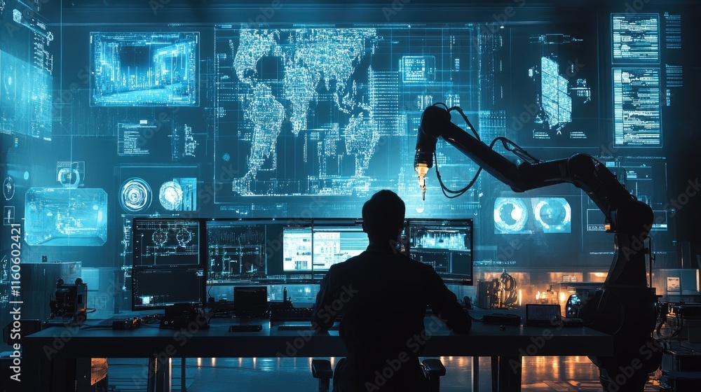 Poster Engineer manager overseeing and controlling automation robot arms in an intelligent factory, using real-time monitoring systems for welding and digital manufacturing operations.