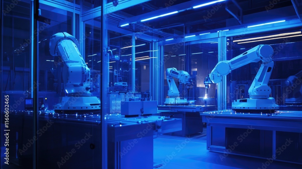 Poster Engineer manager overseeing and controlling automation robot arms in an intelligent factory, using real-time monitoring systems for welding and digital manufacturing operations.