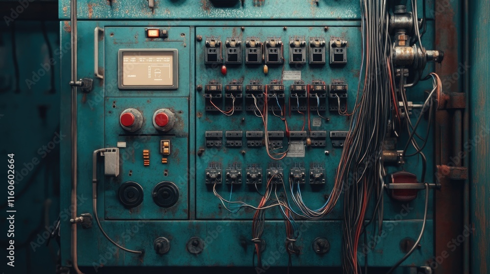 Poster equipment for enterprise automation, featuring a switchboard panel with wires and switches, streamli