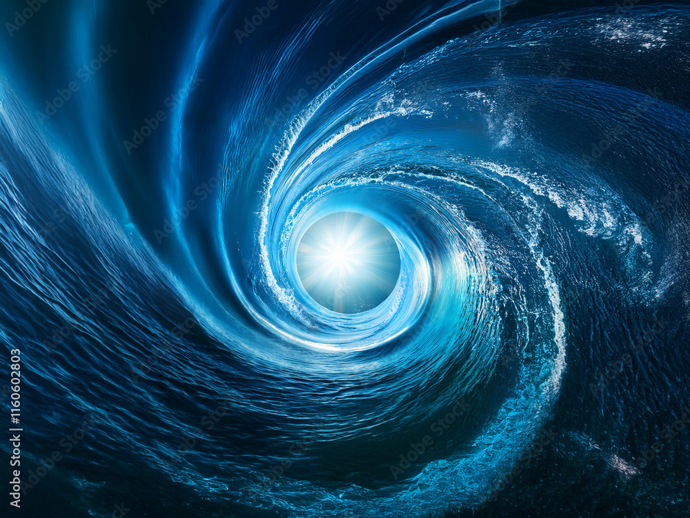 Leinwandbilder A mesmerizing vortex of ocean water swirls, creating a tunnel-like effect.  A bright light emanates from its center, contrasting with the deep blue hues.  The image evokes feelings of depth, mystery, 